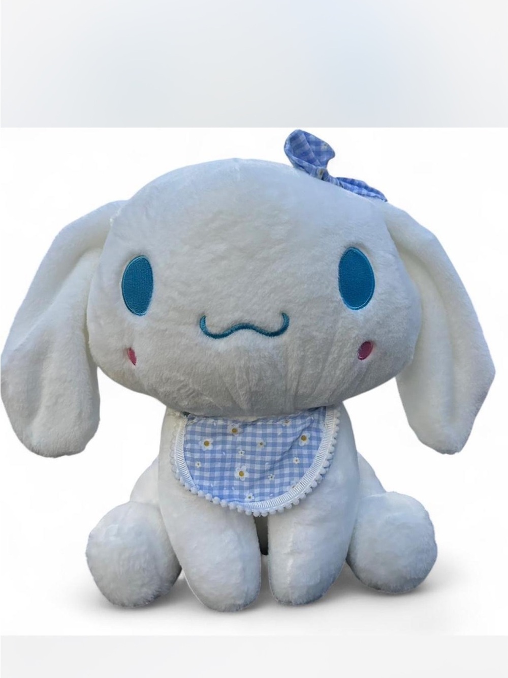 Cute White Plush Bunny with Blue Eyes and Checkered Bib sinnamonroll